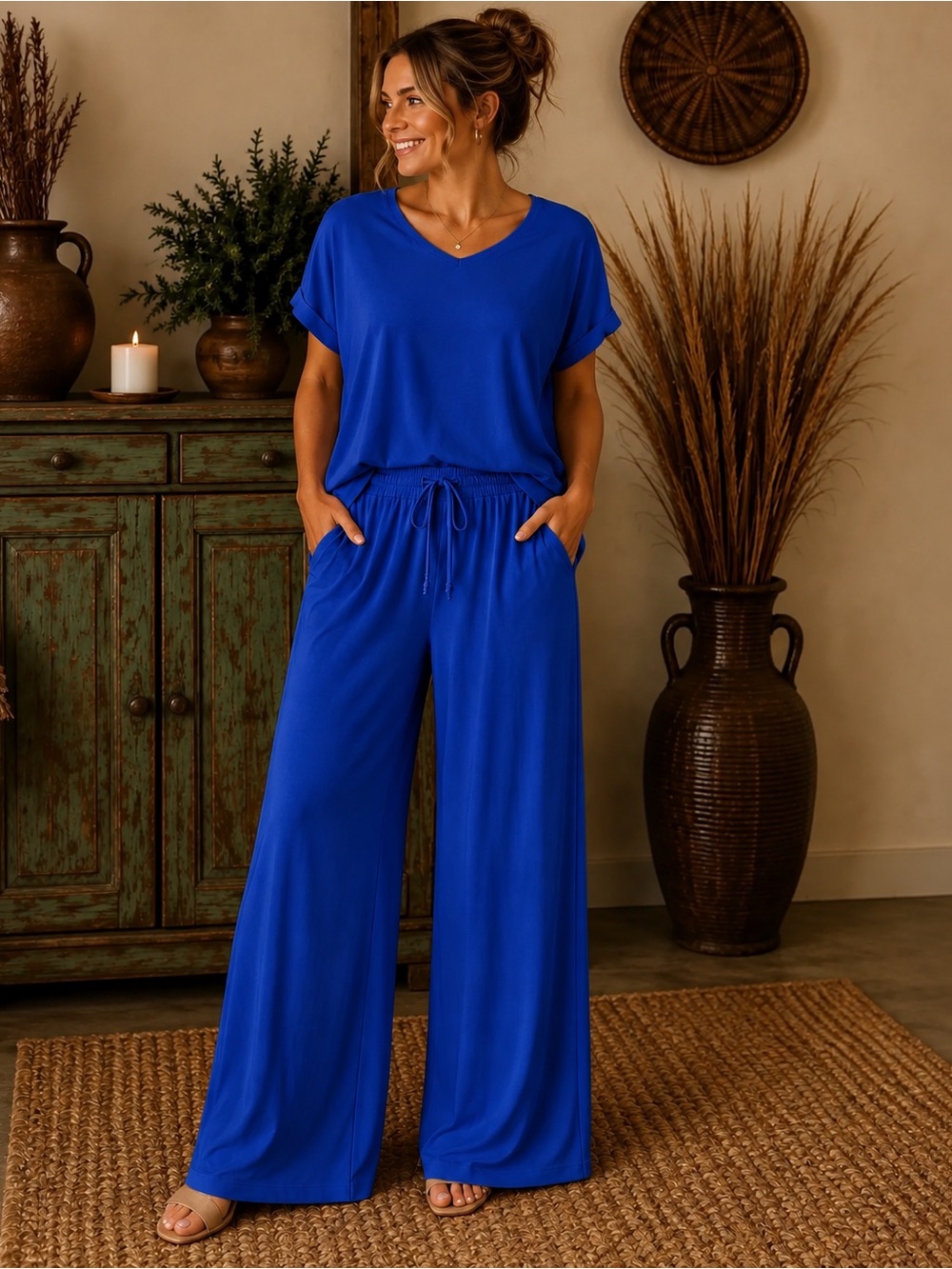 NWT Dear Scarlett Size Medium Relaxed Wide-Leg Two piece set in Royal Blue
